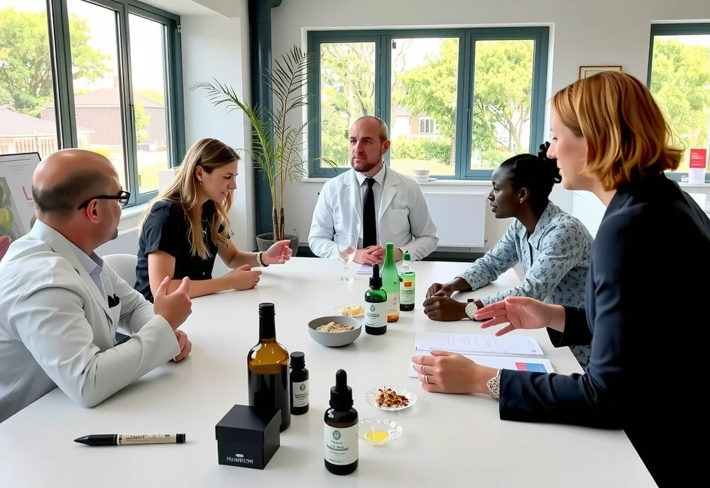 Herbal Harmony UK team discussing natural ingredients in a bright, modern office