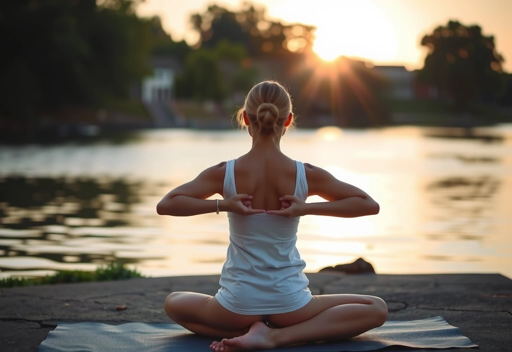 A person enjoying a morning yoga routine outdoors, surrounded by nature