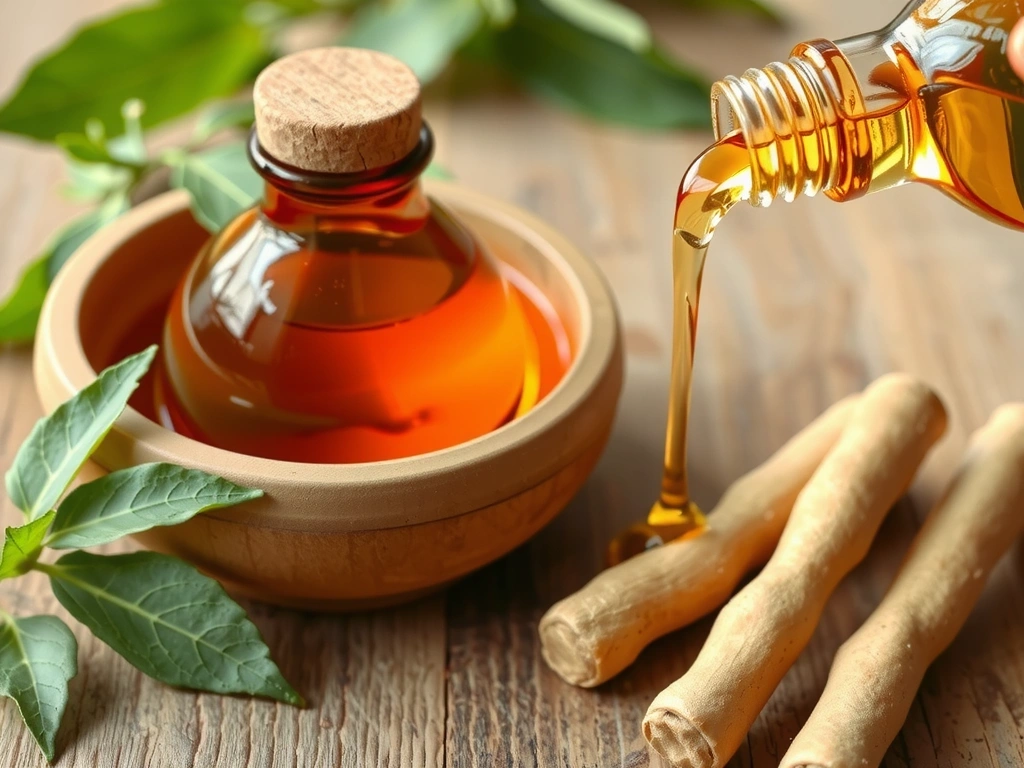 A strong, calm male figure in a natural setting, surrounded by adaptogenic plants like ginseng and ashwagandha, conveying vitality and balance.