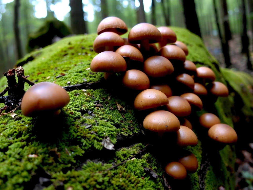 Reishi mushrooms growing on a log