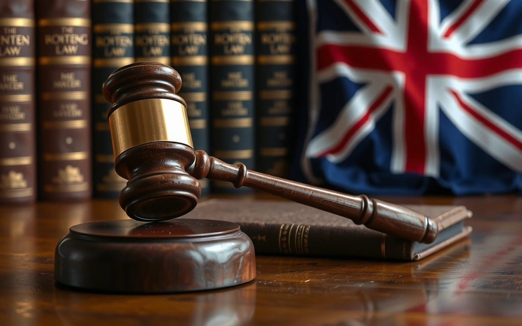 Gavel on a wooden desk with legal books in the background, symbolizing justice and law.