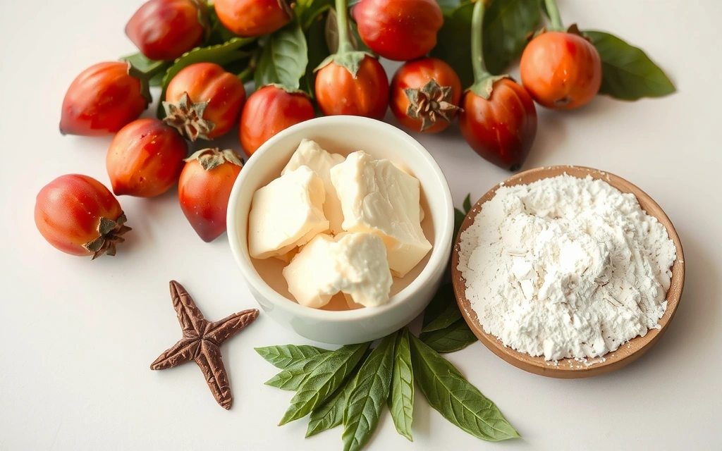 Close-up of various natural ingredients like rosehip, shea butter, green tea leaves, and hyaluronic acid powder on a clean white background, arranged aesthetically.